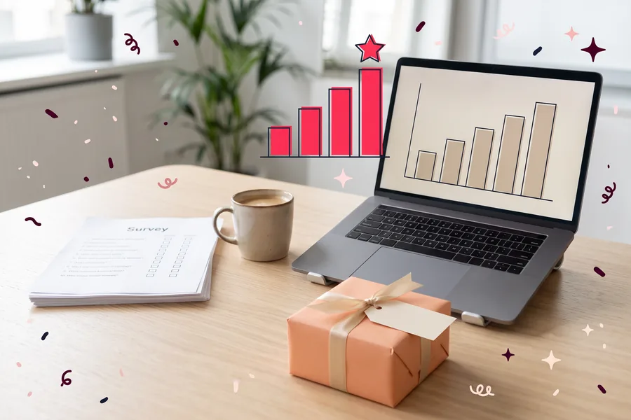 Laptop showing a bar chart beside a printed survey, a coffee and a small wrapped parcel