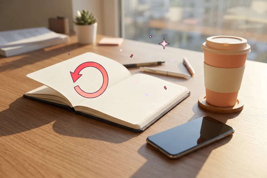 Desk corner with an open notebook, a paper cup and a phone lying face down