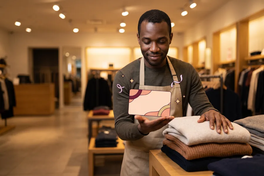 Store associate by a stack of folded sweaters after closing, holding a gift card