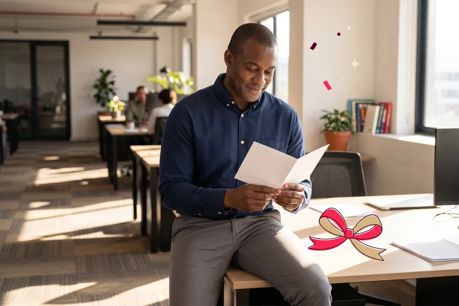 Man sitting on the edge of a desk reading a card he just opened