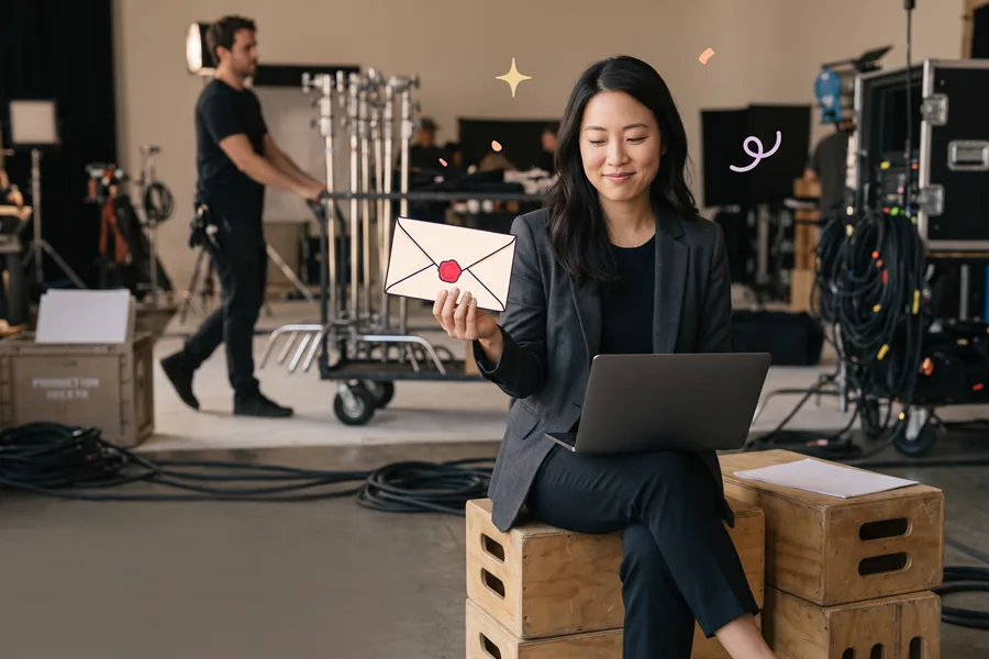 Producer on a stack of apple boxes with a laptop between setups