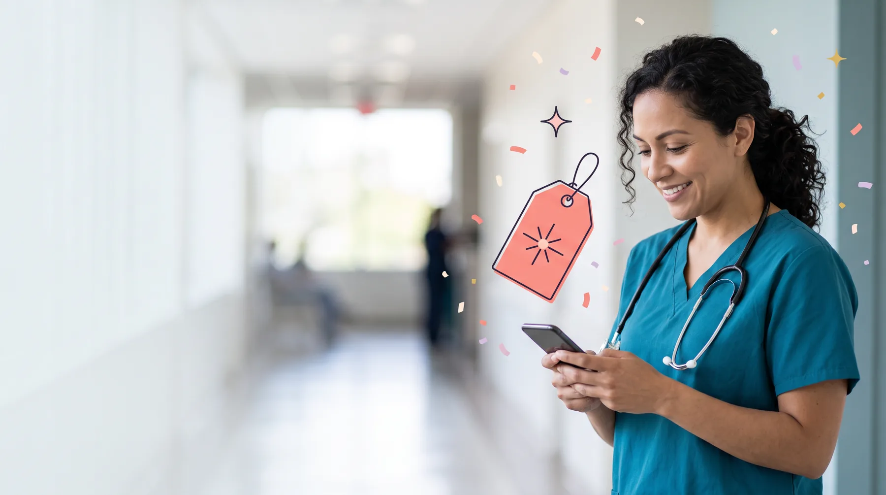 Respiratory therapist in scrubs in a hospital corridor, smiling at her phone at shift change