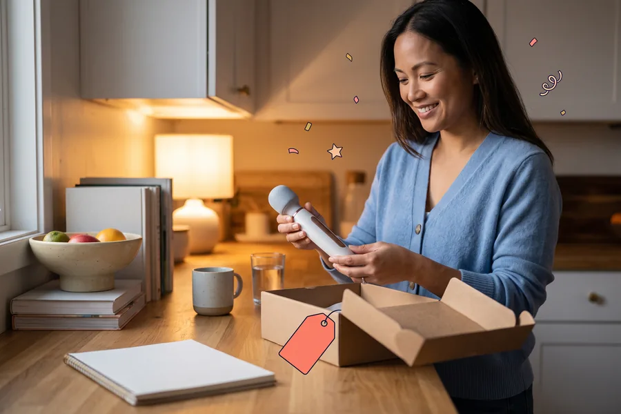 Woman at a kitchen counter lifting a heated massager out of its box