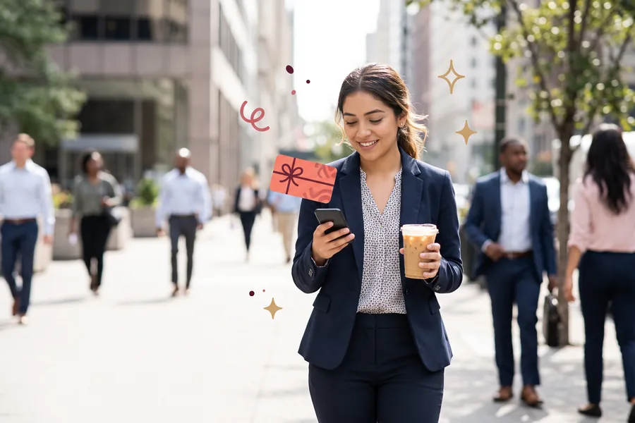 Intern on a city sidewalk with an iced coffee, smiling at a gift card on her phone