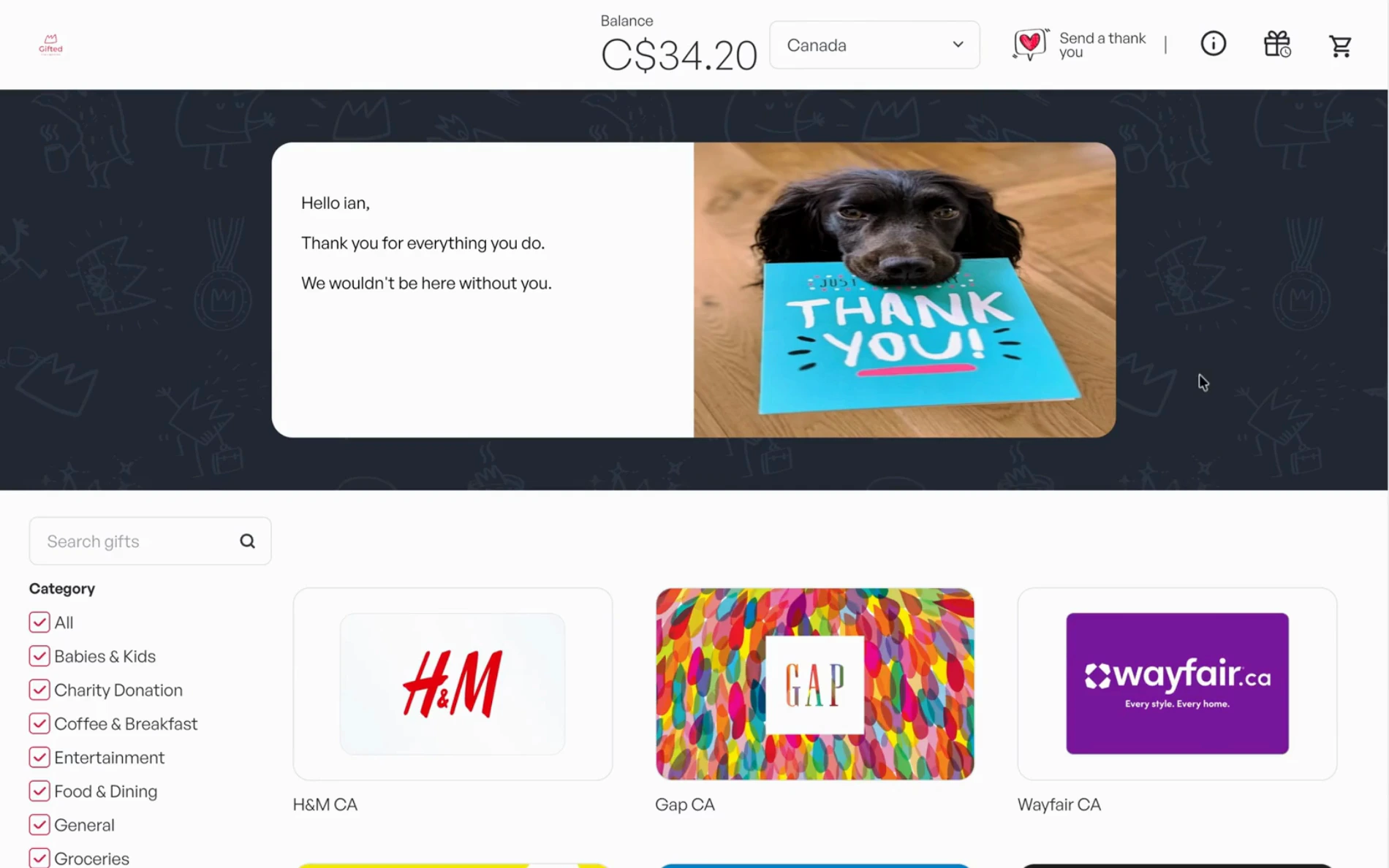 The same gift opened in Canada, converted to Canadian dollars with Canadian brands